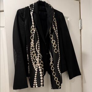 Black Scarf with Gold and Pearl Chain Design